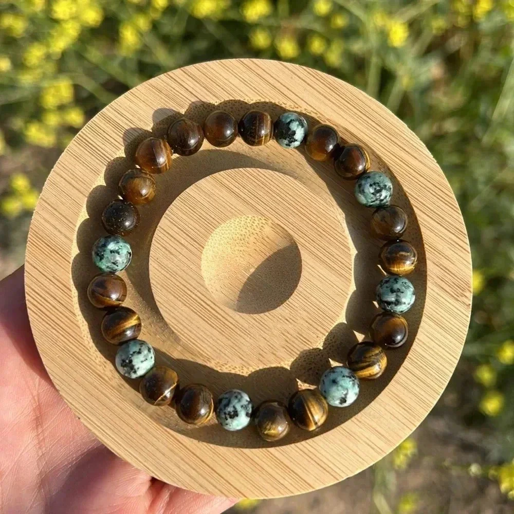 Handmade Unisex African turquoise + tigers eye beaded bracelet - Picture 4 of 4